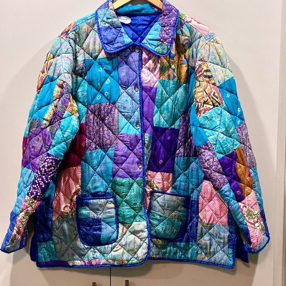 Handmade Patchwork Quilted Oversized Jacket Blue Purple Turquoise Boho Art Wear